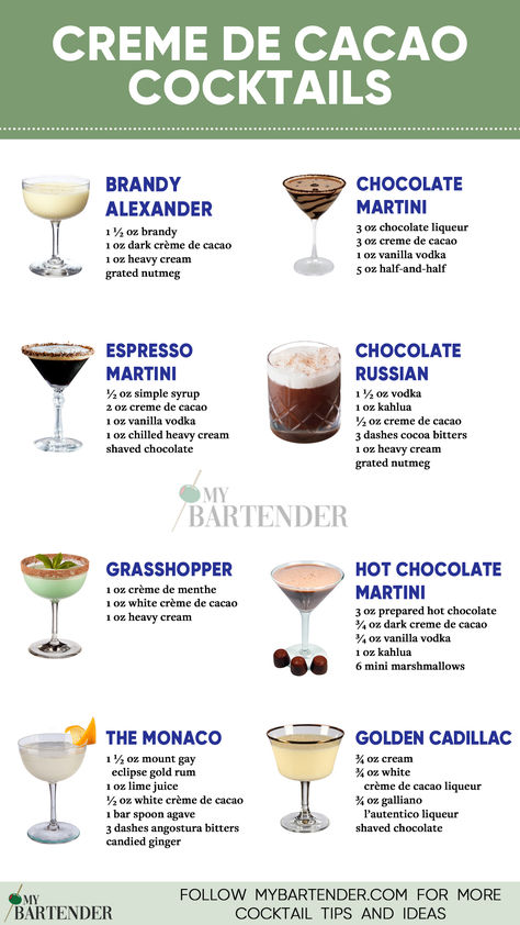 Creme de Cacao Cocktails Cream Cocktails, Bartender Drinks Recipes, Cocoa Drink, Bartender Drinks, Liquor Recipes, Cocoa Beans, Yummy Alcoholic Drinks, Sweet Cocktails, Chocolate Liquor