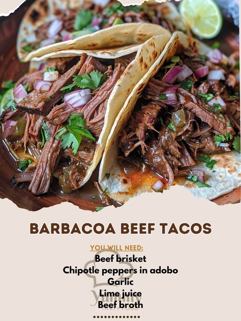 🌮 Spice up your mealtime with our Barbacoa Beef Tacos! #TacoTuesday 🍽️ Barbacoa Beef Tacos 🛒 Ingredients: Beef brisket: 3 lbs Chipotle peppers in adobo: 3 tbsp Garlic: 4 cloves, minced Lime juice: 2 tbsp Beef broth: 1 cup Cumin, oregano, salt & pepper 👩‍🍳 Instructions: Combine: Mix all ingredients in slow cooker. Cook: Low for 8 hours until tender. Shred: Pull beef apart and serve with tortillas and toppings. 🌮 Transform your dinner into a fiesta with these succulent barbacoa tacos! 🌶️ #T... Barbacoa Beef Tacos, Barbacoa Tacos, Oregano Salt, Brisket Tacos, Pulled Beef, Chipotle Peppers, Barbacoa Beef, Taco Ingredients, Beef Tacos