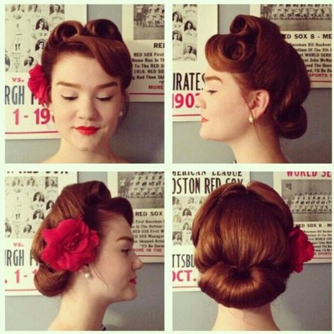 CHANDRA - Victory Rolls Updo, I'm liking this updo :) Victory Roll, 40s Hairstyles, 1950s Hairstyles, 50s Hairstyles, Victory Rolls, 1940s Hairstyles, Pin Up Vintage, Rockabilly Hair, Flowers In Her Hair