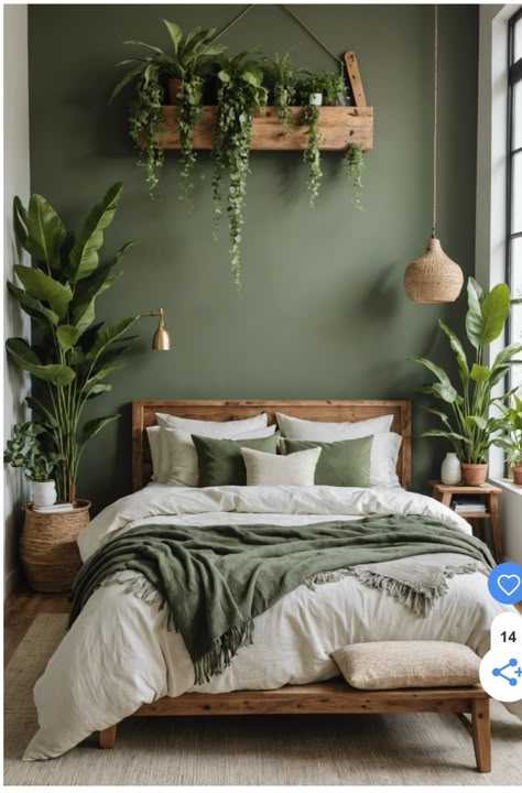 Wall Decor Green Bedroom, Kamar Hijau Sage, Aesthetic Room Decor Green, Sage Green And Burnt Orange Bedroom Ideas, Green And Wooden Bedroom, Botanical Boho Bedroom, Boho Guest Room Ideas, Green Walled Bedroom, Small Green Bedroom Ideas