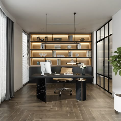 Luxury Home Office Design Modern Luxury Study Room, Black Marble Desk, Modern Luxury Home Office, Luxury Modern Office Design, Luxury Desk Design, Luxury Study Room Design, Study Room Design Home Office, Black Office Design, Luxury Study Room