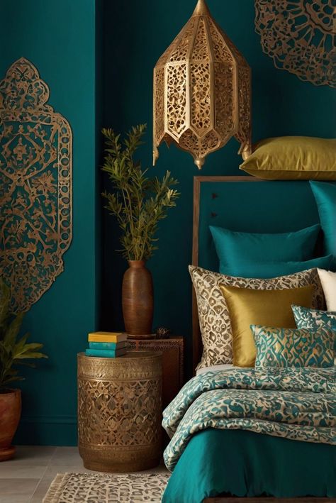 Discover how to design a chic and modern gender-neutral bedroom with the perfect color scheme. Uncover expert tips and ideas to create a stylish space! #ad     #Colortrend #wallpaint2024  #color2024  #DIYpainting  ##DIYhomedecor  #Fixhome Moroccan Bedroom Paint Colors, Green Moroccan Bedroom, Alabaster Kitchen Cabinets, Teal Boho Bedroom, Benjamin Moore Teal, Teal And Gold Bedroom, Alabaster Kitchen, Oasis Bedroom, Dark Green Home