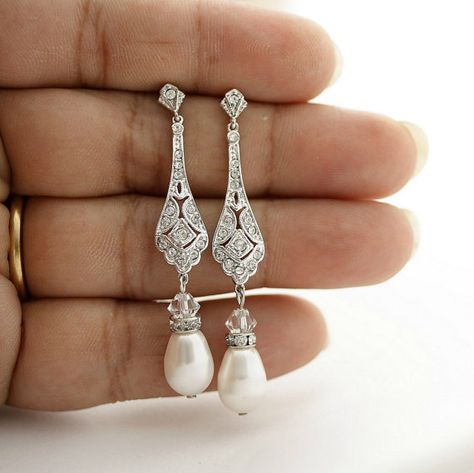 Silver Wedding Earrings Vintage Style Wedding by poetryjewelry Wedding Earrings Vintage, Rose Gold Bridal Earrings, Long Pearl Earrings, Vintage Inspired Earrings, Crystal Bridal Earrings, Bridal Earrings Drop, Pearl Earrings Wedding, Gold Bridal Earrings, Wedding Earrings Drop