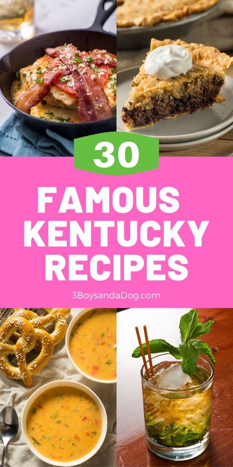 These Famous Kentucky Foods include hot brown sandwiches, spoon bread, burgoo stew, mint juleps, bourbon balls, and beer cheese. #kentuckyfoods #recipesofkentucky #3boysandadog Food From Kentucky, Kentucky Food Ideas, Classic Texas Recipes, Recipes From Kentucky, Famous Kentucky Recipes, Kentucky Recipes Southern Ladies, Old Kentucky Recipes, Kentucky Food Recipes, Derby Recipes Kentucky