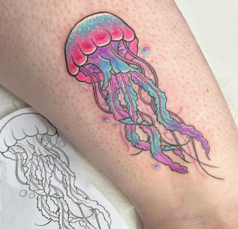 Space Jellyfish Tattoo, Colorful Jellyfish Tattoo, Jellyfish Tattoo Color, Watercolor Jellyfish Tattoo, Nautical Sleeve, Sea Life Tattoos, General Tattoo, Cool Nature Tattoos, Nature Tattoo Ideas