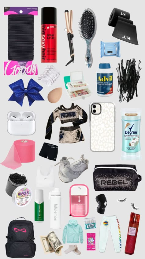 Things to keep in your cheer bag Mom Bag Essentials, Cheer Practice Outfits, Cheerleading Workouts, Cheerleading Bags, Cheer Backpack, Cheer Hacks, Cheer Makeup, Cheer Tryouts, Cheerleading Cheers