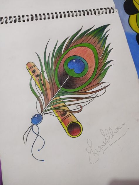 Peackok Feather Drawing, Easy Peacock Feather Drawing, Flute With Peacock Feather Drawing, Peacock Feather Drawing Simple, Peacock Feathers Drawing, Peacock Feather With Flute, Holi Cards, Peacock Feather Painting, Poor Quotes