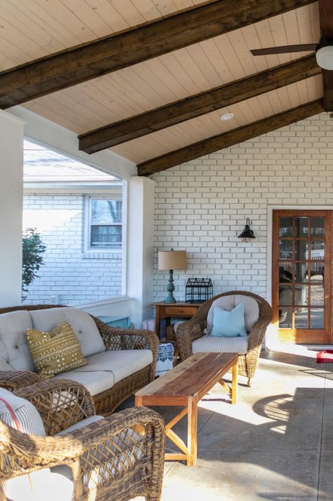 screened porch exposed beams blue doors farmhouse table Screened In Porch Exposed Beams, Screened In Porch With Vaulted Ceiling, Concrete Screened In Porch, Screen Porch Ceiling Ideas, Screened Porch Lighting, Screened In Porch Ceiling Ideas, Porch Ceiling Design Modern, Screened In Porch Addition, Screened Porch Addition