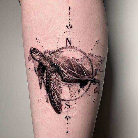 Sea Turtle and Compass Tattoo Mens Turtle Tattoo Ideas, Big Sea Turtle Tattoo, Tattoo Ideas For Men Turtle, Sea Turtle Tattoo On Thigh, Masculine Turtle Tattoo, Sea Turtle Compass Tattoo, Sea Turtle Couple Tattoo, Sea Compass Tattoo, Sea Turtle Spine Tattoo