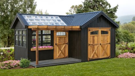 Green House Shed Combo, Garden Shed Greenhouse, Shed Exterior Ideas, She Shed Greenhouse, Greenhouse Shed Combo, Cottage Greenhouse, Shed Greenhouse, Greenhouse And Garden, Farmhouse Sheds