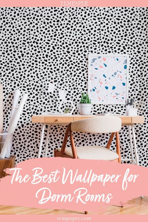 The best wallpaper for dorm rooms, black and white speckled dot wallpaper in a dorm room behind a desk Wallpaper For Dorm Rooms, Peel And Stick Wallpaper Dorm Room, College Dorm Wallpaper, Black And White Dorm Room Ideas, Dorm Wallpaper, Best Removable Wallpaper, White Dorm Room, College Dorm Room Ideas, Cool Dorm Rooms