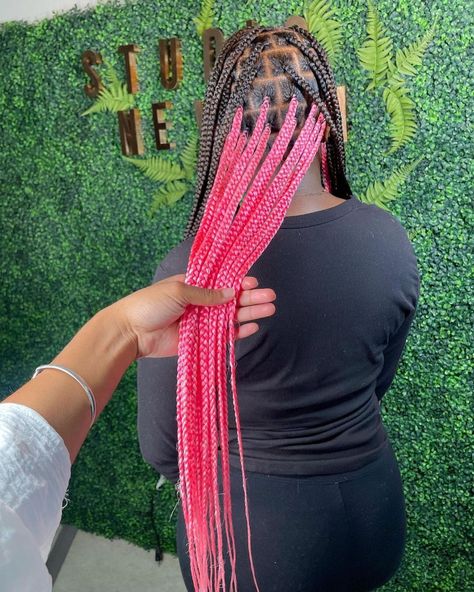 Long Knotless Braids With Peekaboo Color, Knotless Pink Peekaboo Braids, Hidden Color Box Braids, Knotless Braids With Pink In The Back, Pink Pikaboo Braids, Peak A Boo Braids Pink, Pink And Black Peakaboo Braids, Hot Pink Peekaboo Braids, Brown Braids With Pink In The Back