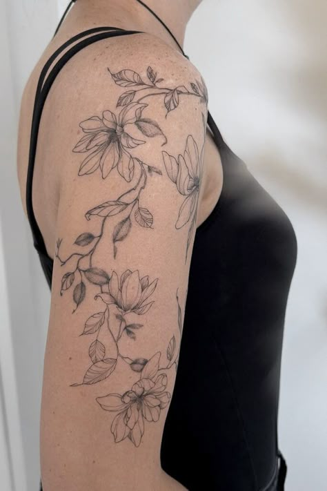 Floral Upper Arm Tattoo, Koala Tattoo, Upper Arm Tattoo, F Tattoo, Polish Tattoos, Small Girly Tattoos, Fineline Tattoo, Beautiful Flower Tattoos, Small Flower Tattoos