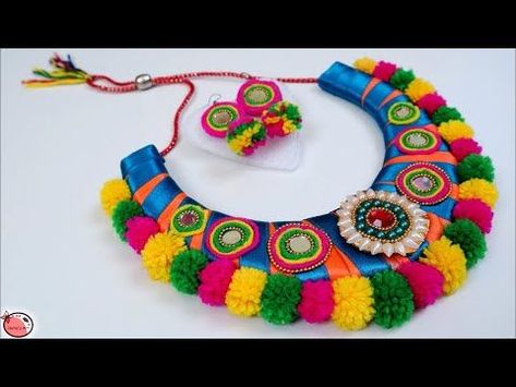 Navratri Ornaments Handmade, Navratri Embroidery, Navratri Jewellery Handmade, Navratri Set, Navratri Accessories, Navratri Ornaments, Pompom Necklace, Navratri Jewellery, Ornaments Making