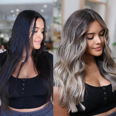 Ash Blond On Black Hair, Black To Icy Blonde Balayage, Lived In Blonde On Black Hair, Black Roots Balayage Ash Blonde, Dark Brunette Ash Balayage Hair, Dark Roots Ashy Blonde Hair Balayage, Black Hair With Ash Blonde Balayage, Blonde Balayage In Dark Hair, Blonde Ombre Balayage Dark Roots