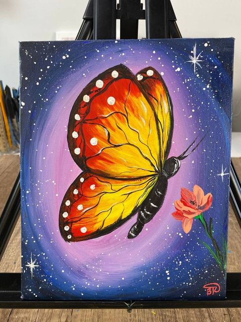 Diy Butterfly Canvas Painting, Butterfly Painting For Kids, Easy Butterfly Painting On Canvas, Disney Art Painting Easy, Painting Ideas On Canvas Butterfly, Butterflies Painting On Canvas, Simple Butterfly Painting, Painting Ideas Butterfly, Pretty Painting Ideas