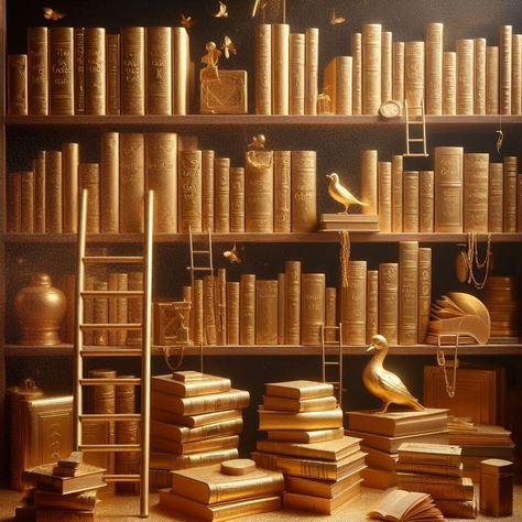 Golden library, golden books, golden chairs, gold #goldenbook #goldenlibrary #golden #goldenchair #goldenbooks Golden Library, Golden Chair, Golden Books, The Covenant, Mood Board, Books, Gold