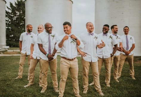 groomsmen style Groomsmen Khaki Pants, Groom In Jeans, Rustic Groomsmen Attire, Khaki Wedding, Diy Farm Wedding, Bulk Flowers Online, Diy Boutonniere, Khaki Pants Outfit, Wedding Groomsmen Attire