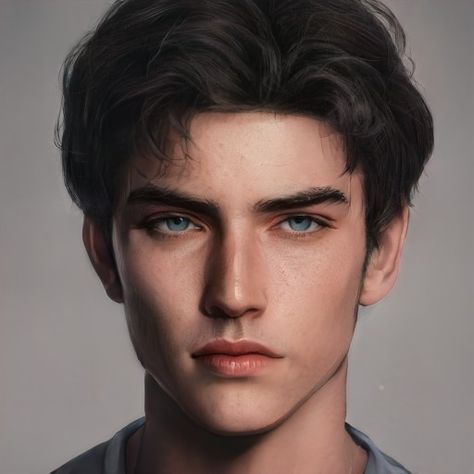 Artbreeder Portraits, Black Hair Blue Eyes, Character Inspiration Male, Digital Portrait Art, Face Reference, Face Characters, Boy Character, Male Art, Digital Portrait