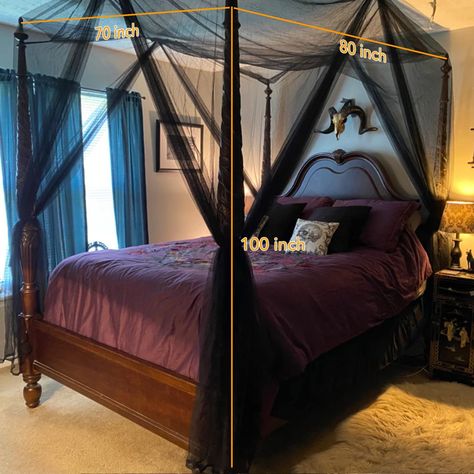 Well well. what a glittering assemblage.. Perfect goth and alt home furnishings and decor 🕸️🕸️ #HalloweenForever Bedroom dreams, pun intended. Black Canopy Bed Curtains, Gothic Canopy Bed, Black Canopy Bed, Bed Drapes, Canopy Bed Curtains, Apartment Decorating Living, Canopy Curtains, Hanging Bed, Twinkle Star