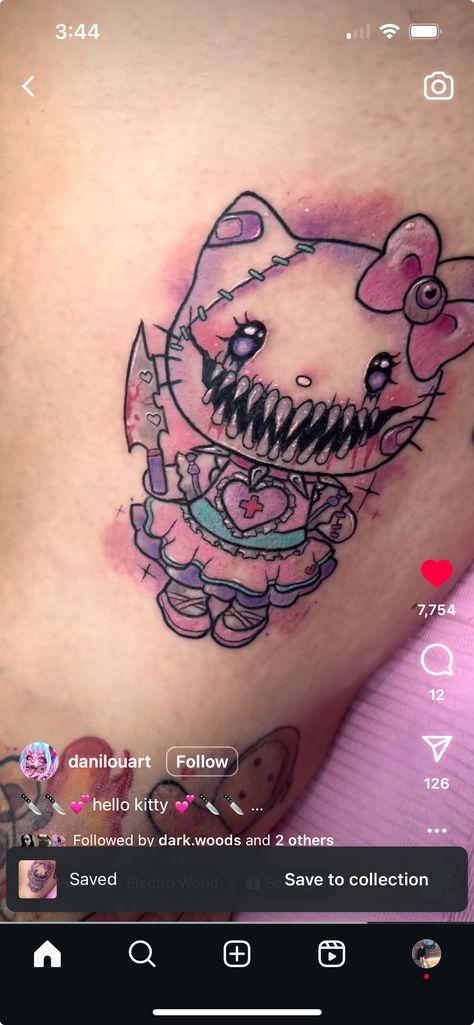 Zombie Hello Kitty Tattoo, Cute Creepy Tattoos, Zombie Hello Kitty, Husband Wife Tattoos, Wife Tattoos, Hello Kitty Tattoo, Wife Tattoo, Kitty Tattoo, Cute Creepy