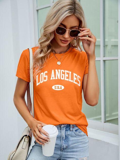 Orange Tshirt Women Outfit, Usa City, Oversize Tee, Los Angeles Usa, Printed Polo Shirts, T Shirts Women, Orange T Shirts, Orange Shirt, Round Neck Tees