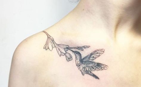 50 Best Hummingbird Tattoo Designs - The Paws Hummingbird Tattoo Black And White, Flower Tattoo On Chest, Hummingbird And Flower Tattoo, Hummingbird Tattoo Design, Hummingbird Tattoo Black, Colorful Hummingbird Tattoo, Honeysuckle Tattoo, Purple Flower Tattoos, Hummingbird Tattoos