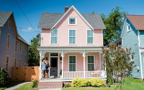 Light Pink Exterior House Paint, Pink Door Blue House, Pink Exterior Paint, Pink Castle Exterior, Pink Vintage House Exterior, Pink House Aesthetic Exterior, Pink House Exterior, Porch Lanterns, Cape Charles Va