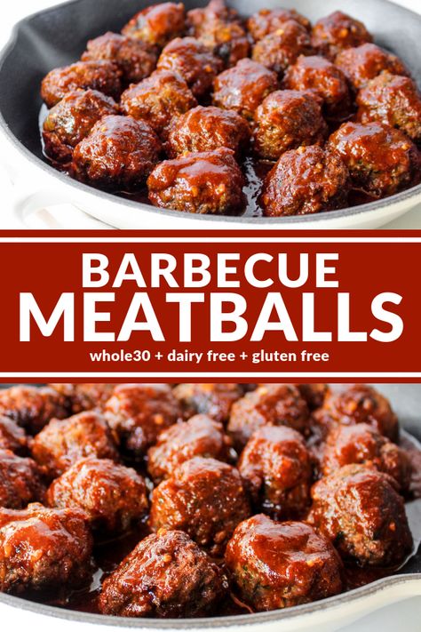 These Barbecue Meatballs are delicious and tangy thanks to an easy homemade barbecue sauce that contains no added sugar! Paleo Bbq Meatballs, Turkey Meatballs Bbq Sauce, Gluten Free Bbq Meatballs, Meatballs In Barbecue Sauce, Keto Bbq Meatballs, Bbq Meatball Sauce, Healthy Bbq Meatballs, Healthy Sauce For Meatballs, Turkey Meatballs Bbq