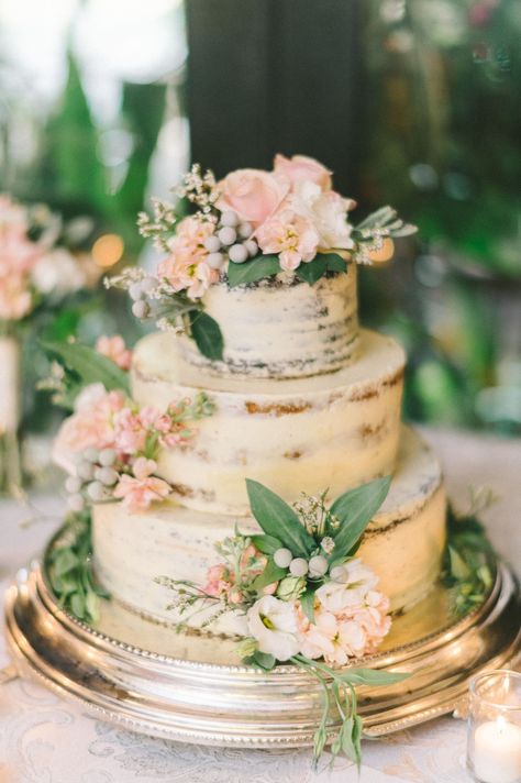 Naked Cake with Blush Roses and Silver Brunia Blush Pink Wedding Theme, Silver Brunia, French Buttercream, Rose Gold Wedding Cakes, Reception Cake, Wedding Cake Fresh Flowers, Wedding Reception Planning, Handfasting Wedding, Luxury Wedding Cake