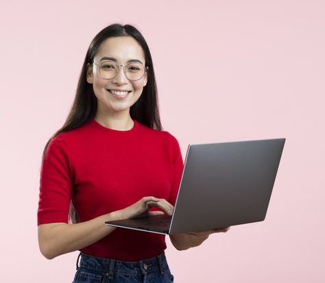 Woman Holding Laptop, Learn Marketing, Headshot Poses, Business Photoshoot, Graphic Design Ads, New Background Images, Female Profile, Affinity Designer, Illustration Fashion Design