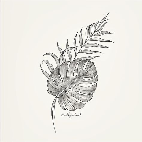 Palm leaves Jungle Leaves Tattoo Design, Tropical Flower Tattoos, Jungle Tattoo, Tropical Tattoo, Plant Tattoo, Make Tattoo, Botanical Tattoo, Tattoo Outline, Realism Tattoo