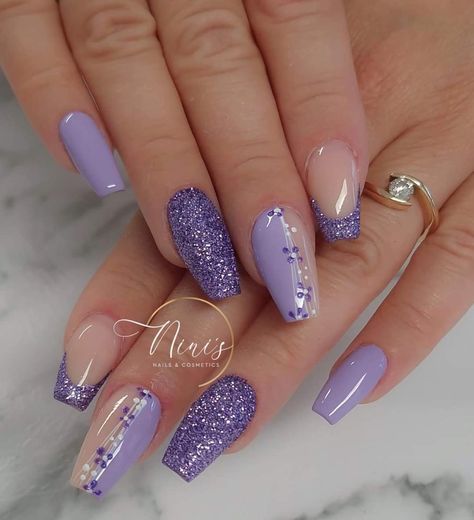 Purple Nails Almond Art Designs, Purple Nail Polish Ideas, Larry Nails, Gray And Purple Nails, Dark Purple Glitter Nails, Purple Wedding Nails For Bride, Lavender Nail Design, Purple Nails Ideas, Purple Wedding Nails