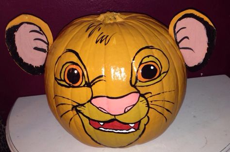 Simba ( Lion King) Disney Pumpkin Painting, Story Book Pumpkin, Character Pumpkins, Creative Pumpkin Painting, Disney Pumpkin, Pumpkin Books, Pumpkin Decorating Contest, Halloween Pumpkins Painted, Pumpkin Contest