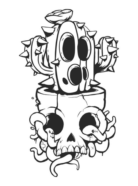 Zombie cactus outline design on white background, vector illustration. Cactus Outline, Trippy Tattoo, Santa Cartoon, Hipster Drawings, Cactus Drawing, Acid Art, Outline Design, Sick Designs, Skull Art Drawing