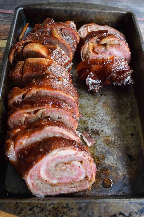 take all day to prepare our “go to” is the Bacon Explosion. It’s always a hit whenever we make it. What you need:  1 lb of bacon (thick sliced is preferred) 1 lb of I Bacon Explosion, Meat Smoker, Smoker Cooking, Bacon Appetizers, Traeger Recipes, Smoked Meat Recipes, Smoker Recipes, Smoked Food Recipes, Bbq Ribs