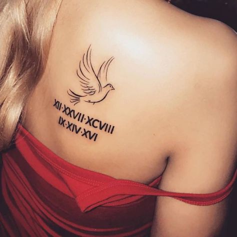 Roman Numeral Memorial Tattoo, Memorable Tattoos, Bird Shoulder Tattoos, Grandma Tattoos, Wörter Tattoos, Rip Tattoo, Numeral Tattoo, Roman Numeral Tattoos, Dove Tattoo