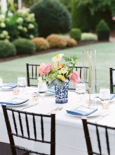 Merrimon Wynne House Wedding - sarahnannphotography.com Southern Wedding Reception, Vase Inspiration, Merrimon Wynne, Blue Taper Candles, Pink And Orange Flowers, Reception Tablescapes, Jar Design, Destination Wedding Photos, Raleigh Wedding