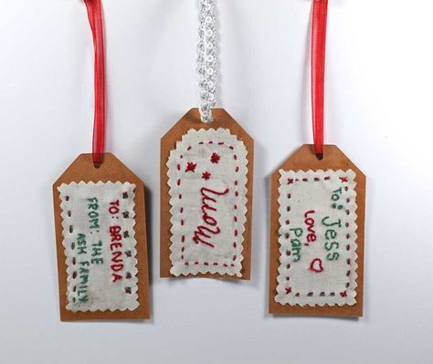 EMBROIDERED HOLIDAY GIFT TAGS DIY Embroidered Gift Tags, Holiday Gift Tags Diy, Beginning Embroidery, Embroidery Christmas Gifts, Eco Friendly Gift Wrapping, Tags Diy, Gift Tags Diy, Wrap Ideas, Embroidery Christmas