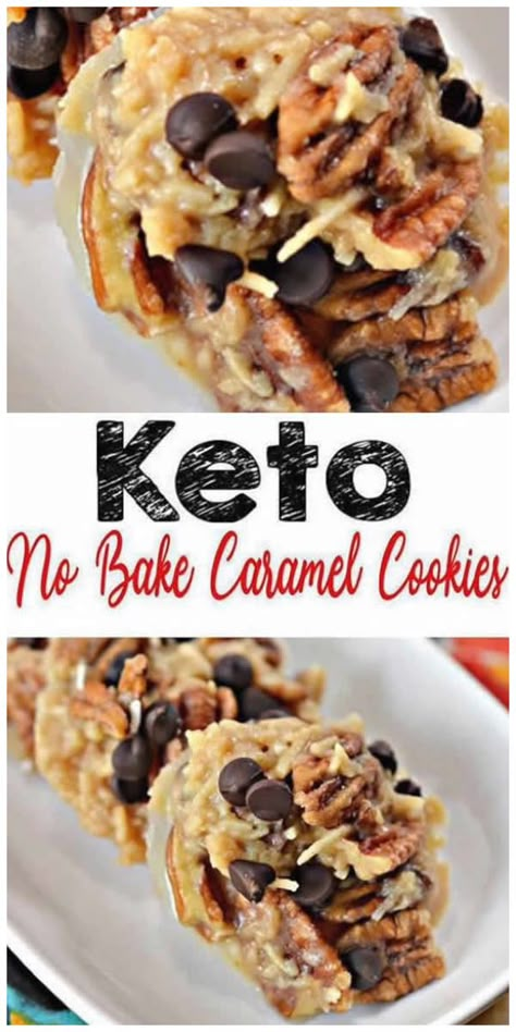 Keto No Bake Caramel Cookies! Easy low carb caramel no bake cookies everyone loves!No bake caramel chocolate chip keto recipe. Perfect keto breakfast cookies, keto desserts, treats or snacks.Yummy flourless keto chocolate caramel cookie recipe great to make ahead for a grab and go breakfast. Pecan caramel cookies. Keto friendly & BEST cookie idea.Healthy, gluten free, sugar free cookies. Learn how to make keto no bake cookies in under 15 minutes. Check out this simple & favorite keto food recipe No Bake Caramel Cookies, Caramel Snacks, Keto No Bake, Lush Dessert, Keto Caramel, Candied Pecan, Lush Recipes, Low Carb Gluten Free Recipes, Baked Caramel