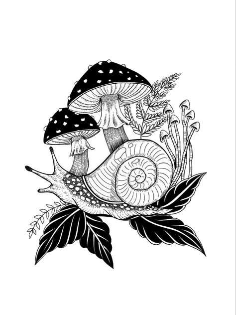 Art Inspiration Mushroom, Snail Mushroom Drawing, Mushroom And Snail Drawing, Mushroom Snail Art, Snail Ink Drawing, Snail With Mushroom Tattoo, Snake And Mushroom Tattoo, Spooky Mushroom Tattoo, Snail On Mushroom Tattoo