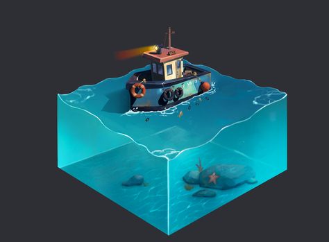 ArtStation - Do you want to go on sea trip?, Vika Zotova Isometric Diorama, Maya Software, Sea Boat, Graphic Animation, Karakter Disney, Isometric Art, Isometric Design, Isometric Illustration, Low Poly Art