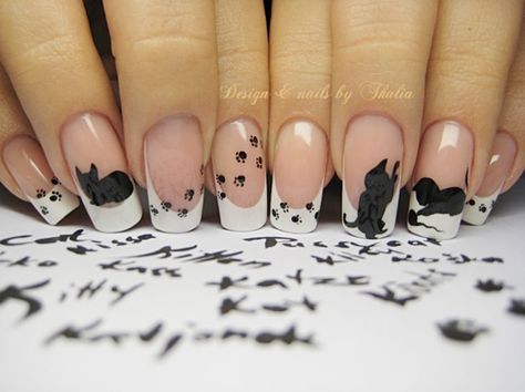 Cat Nail Designs, Cat Nail Art, Crazy Nail Art, White Nail Art, Her Nails, French Nail Designs, Crazy Nails, Cat Nails, White Nail