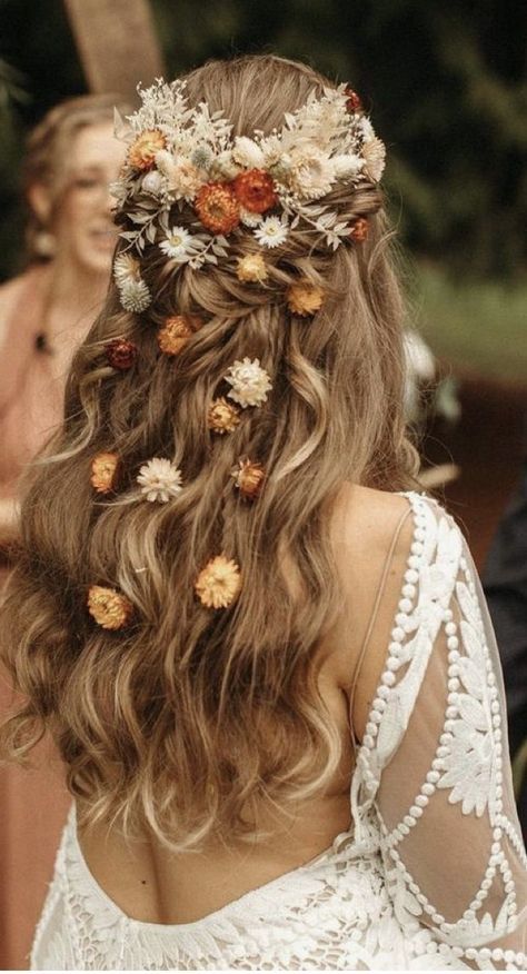 Floral Wedding Hair, Wedding Hair Half, Violet Hair, Rustic Fall Wedding, Half Up Half Down Hair, Half Up Hair, Boho Hairstyles, Elegant Wedding Dress, Bride Hairstyles