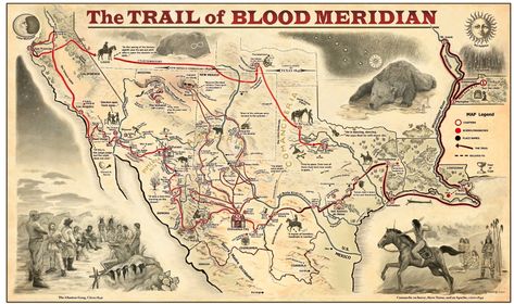 Map of Cormac McCarthy's "Blood Meridian" Blood Meridian Art, Judge Holden, Parts Of Blood, Blood Meridian, Cormac Mccarthy, Literature Poetry, Hand Drawn Map, Drawn Map, American Southwest