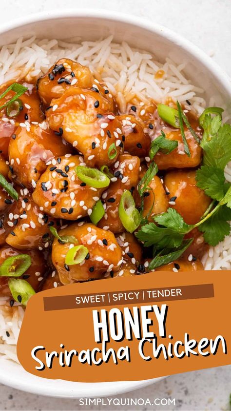 If sweet and spicy is your weakness, this honey sriracha chicken recipe is destined to be a new favorite! Tender, juicy chicken is pan-fried with a crispy coating, then cooked with a sticky, spicy, and sweet sauce. There's only one word to describe this honey sriracha chicken recipe: irresistible. Sriracha Chicken Recipes, Honey Siracha Chicken, Honey Siracha, Honey Sriracha Chicken, Sriracha Chicken, Whole Chicken Recipes, Creamy Chicken Soup, Chicken Pasta Bake, Simply Quinoa