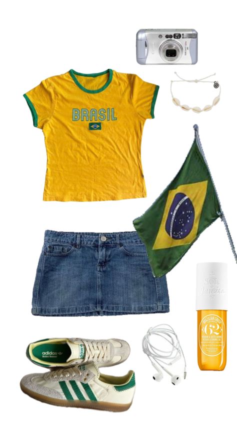 Brazil outfit🇧🇷🌟 comment your country! #brazil #outfitinspo #outfitinspiration #outfitideas #fashion #fitspo #fitinspo #fashioninspo #jeanskirt #vacation #coconutgirl #soldejaneiro #yellow #green Brazil Clothes, Brazil Outfits, Brazil Outfit, Brazil Clothing, Outfit Polyvore, Yellow Outfit, Summer Fits, Cute Fits, Jean Skirt