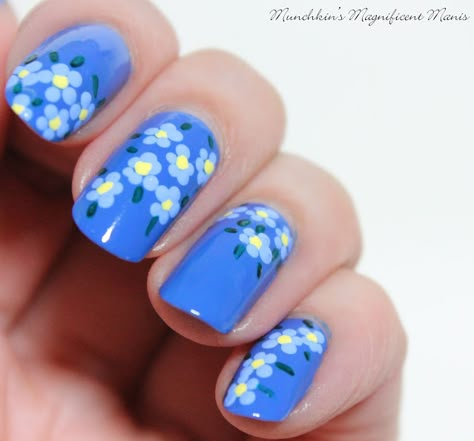 Blue Floral Nail Art, Forget Me Not Nails, Cool Design Nails, Spring Flower Nail Designs, Blue Flower Nail Designs, Blue Flower Nails, Nail Art Ideas For Spring, Spring Nail Art Designs, Flowers Nails