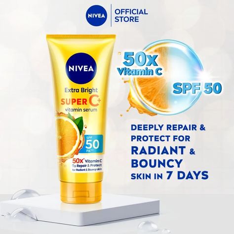 Unlock Extra Radiance: NIVEA Bright Vitamin Serum SPF50 🌞💡 | 320 ml / 180 ml | Body Lotion | 🌙 Even Tone | ☀ Sun Care🧖♂ 💡High-quality sun care: With 50x Vitamin C to moisturize skin and SPF50 PA to protect from the sun, this body serum provides thorough sun care and moisturization for radiant and bouncy skin. 💡Versatile sizes: Available in 320 ml and 180 ml sizes, this product caters to different customers' needs and preferences. 💡Multi-functional: In addition to body serum, NIVEA also of... Benefits Of Vitamin C, Vitamin C Benefits, Dermatological Skin Care, C Vitamin, Asian Skincare, Body Serum, Skin Care Serum, Skin Benefits, Skin Serum