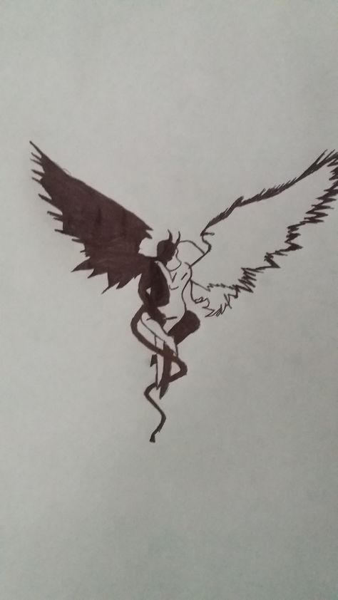 Lucifer And Lilith Tattoo Design, Angel And Devil Art, Angel And Devil Drawing, Devil Sketch, Angel And Devil Tattoo, Dark Angel Tattoo, Book Inspired Tattoos, Angel Y Diablo, Fallen Angel Art